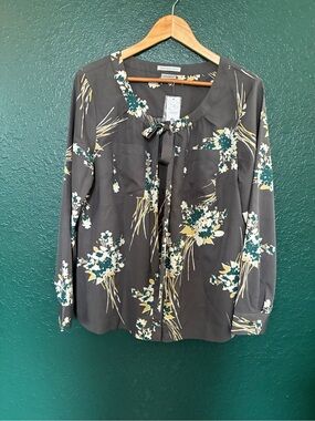 Van Heusen Dark Gray Floral Tie-Neck Blouse
